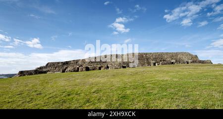 Early Neolithic 6800 year old Cairn Tumulus Mound of Barnenez contains 11 passage grave chambers. Plouezoc’h, Finistere, France Stock Photo