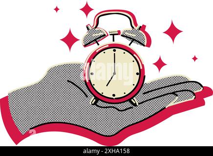 Retro halftone doodle sketch of hand holding alarm clock Stock Vector