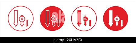 Interest rate reduction or percent down icon Vector symbol or sign set collection in black and white outline Stock Vector