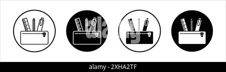Pencil case icon Vector symbol or sign set collection in black and white outline Stock Vector