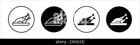 Roasted chicken turkey icon Vector symbol or sign set collection in black and white outline Stock Vector
