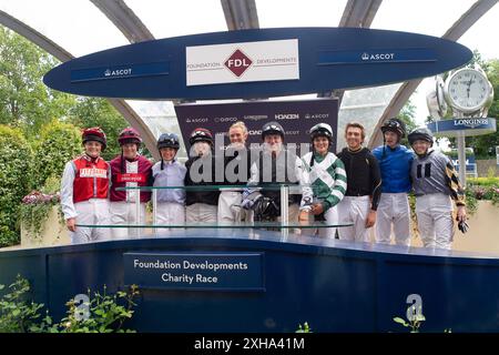 Ascot, Berkshire, UK. 12th July, 2024. The jockeys who raced in the Foundation Developments Property Race Day Charity Race at Ascot Racecourse at the Summer Mile Property Raceday. Credit: Maureen McLean/Alamy Live News Stock Photo