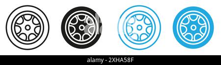 Car wheel icon Vector symbol or sign set collection in black and white outline Stock Vector