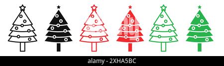 Christmas tree icon Vector symbol or sign set collection in black and white outline Stock Vector