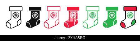 Christmas stocking icon Vector symbol or sign set collection in black and white outline Stock Vector