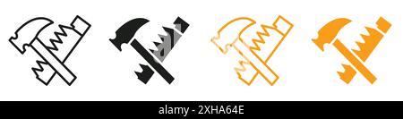 Hand saw and hammer icon Vector symbol or sign set collection in black and white outline Stock Vector