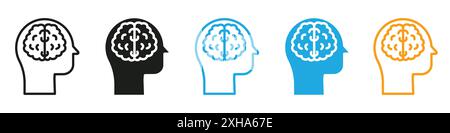 Human head with the brain icon Vector symbol or sign set collection in black and white outline Stock Vector