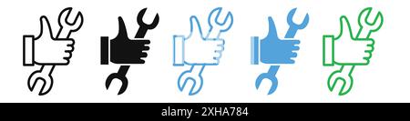 Spanner in hand icon Vector symbol or sign set collection in black and white outline Stock Vector