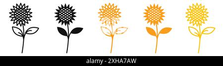 Sunflower icon Vector symbol or sign set collection in black and white outline Stock Vector