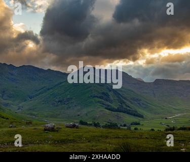 A Dramatic sunset with dramatic skies over the Lansdale valley in Englands lake district. Stock Photo