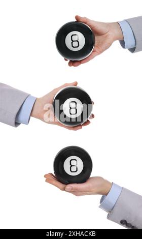 Businessman holding magic eight ball isolated on white, closeup. Collage of photos Stock Photo