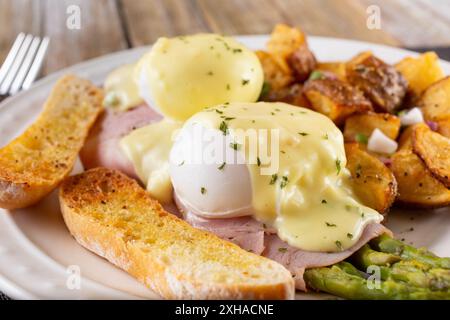 A view of an asparagus eggs Benedict breakfast plate. Stock Photo