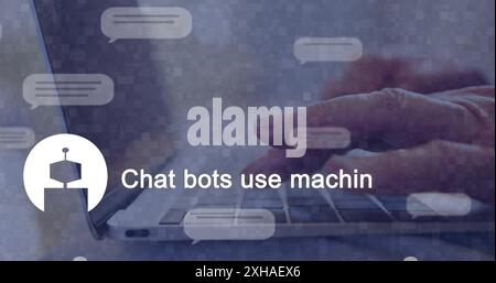 Typing on laptop, person interacting with chatbots using machine learning technology. artificial intelligence, communication, innovation, digital, int Stock Photo