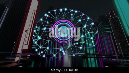 Glowing AI neural network in neon cityscape representing artificial intelligence technology Stock Photo