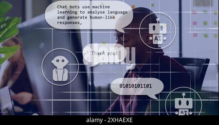 Working in office, man using computer with AI chatbots and binary code overlay Stock Photo