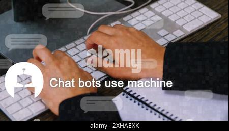 Typing on keyboard, person developing chatbot software with notebook on desk. Technology, programming, development, computer, coding, innovation Stock Photo