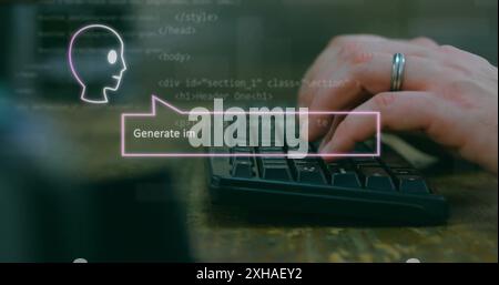 Typing on keyboard, person generating AI code with holographic interface. Technology, coding, hologram, innovation, programming, futuristic Stock Photo