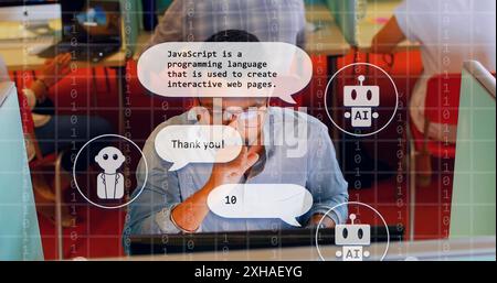 Man using computer, learning JavaScript programming language with AI assistance. Technology, coding, software, development, artificial intelligence, e Stock Photo