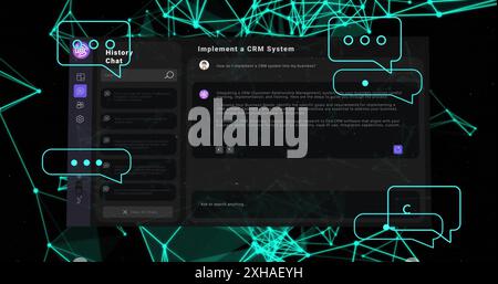 Implementing CRM system, AI interface displaying chat history and conversation bubbles on screen. Technology, innovation, software, automation, user i Stock Photo