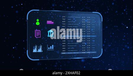 Analyzing financial data on futuristic digital screen with various icons and graphs. Finance, technology, data analysis, innovation, charts, statistic Stock Photo