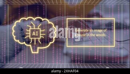 Typing on keyboard, person generating AI image of house in woods. Technology, innovation, creativity, design, forest, architecture Stock Photo