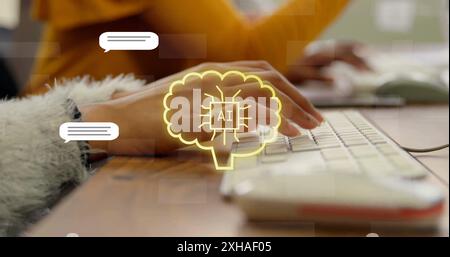 Typing on keyboard, person interacting with AI technology and chat bubbles. artificial intelligence, communication, interaction, innovation, digital, Stock Photo