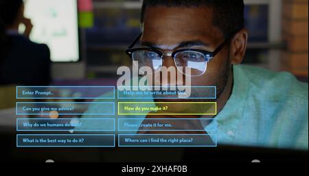 Using computer, man interacting with artificial intelligence interface for assistance. Technology, innovation, AI, interaction, digital, futuristic Stock Photo