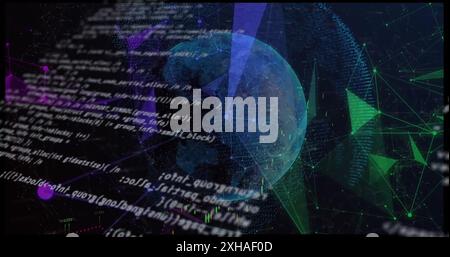 Digital code overlaying globe, representing global technology and finance integration Stock Photo