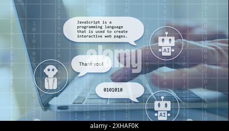Typing on laptop, person programming AI chatbots and interacting with messages. Technology, coding, interaction, communication, software, development Stock Photo