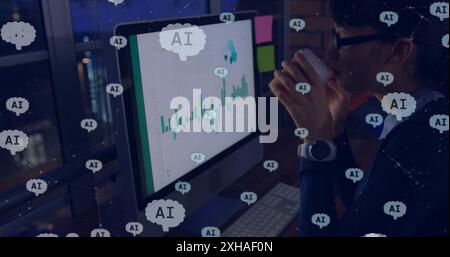 Analyzing data on computer screen, person drinking coffee in AI-themed workspace Stock Photo
