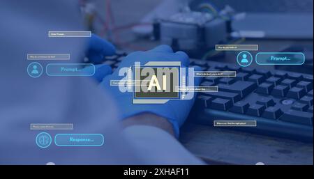 Typing on keyboard, person interacting with AI interface, wearing blue gloves. Technology, interaction, artificial intelligence, innovation, user, wor Stock Photo