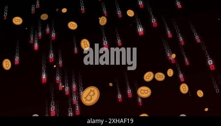 Bitcoin symbols and binary code falling, representing digital finance and cryptocurrency. blockchain, technology, innovation, coding, investment, futu Stock Photo
