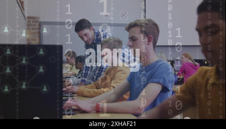 Image of binary coding and icons over diverse students using computers with teacher. Education, technology and digital interface concept digitally gen Stock Photo