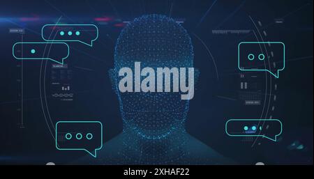 Image of data processing over digital human with speech bubbles Stock Photo