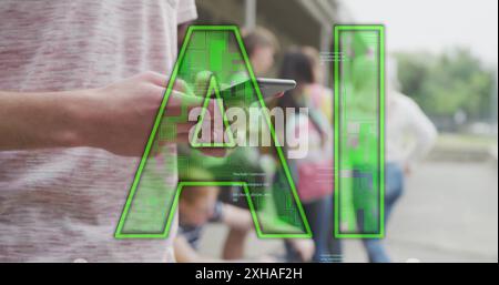 Image of data processing and ai text over caucasian male student using smartphone Stock Photo