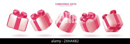 Christmas gifts box vector set design. Gift boxes 3d elements in close pink box and ribbon tie for holiday season surprise in white isolated Stock Vector