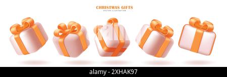 Christmas gift box vector set design. Christmas gift box elements in white box and orange ribbon for holiday season present surprise in isolated Stock Vector