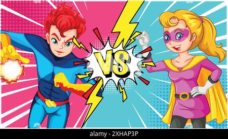 Two superheroes face off in a dynamic duel Stock Vector