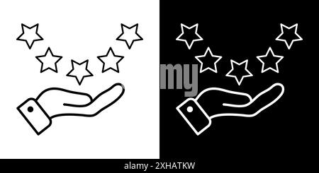 Customer review rating with 5 stars and thumb up feedback. Five star rating badge, review rating icon. Stock Vector