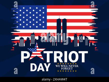 Happy USA Patriot Day Vector Illustration featuring the United States Flag, 9/11 Memorial, and We Will Never Forget Background in Flat Cartoon Style Stock Vector