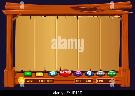 The wooden game user interface is cartoon-style with basic buttons for your designs. Gambling mobile app concept for the Casino or 2D Game Stock Vector