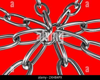 Strained chains from metal. Security and power concept. Isolated on red background Stock Photo