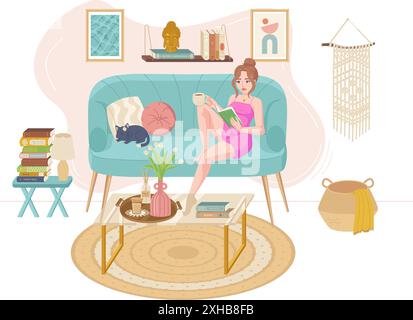 Woman is reading a book on a cozy sofa in a living room with a cat, creating a relaxed atmosphere Stock Vector