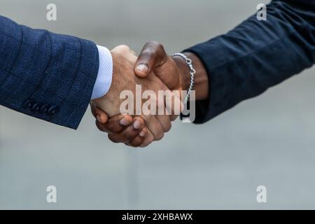 closeup shot capturing the handshake between an African American black businessman in a suit and a Caucasian businessman Stock Photo