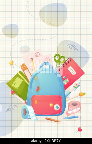 Banner, Poster, Template without text. Backpack and school stationery. For back to school, kindergarten, university. Vector Stock Vector