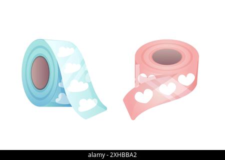 Colored decorative tape, ribbon. With hearts and clouds. Isolated on white background. Vector Stock Vector