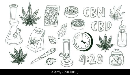 Cannabis elements set bong, marijuana leaf, joint and cbd oil. Vector illustration in doodle outline hand drawn style Stock Vector
