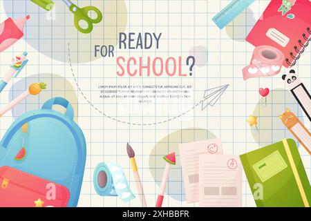 colorful cartoon-style back to school image features school supplies like a backpack, pens, pencils, and notebooks on a grid paper background with the Stock Vector