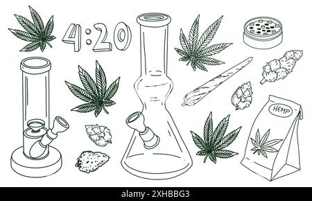 Cannabis elements set bong, marijuana leaf, joint dried buds. Vector illustration in doodle outline hand drawn style Stock Vector