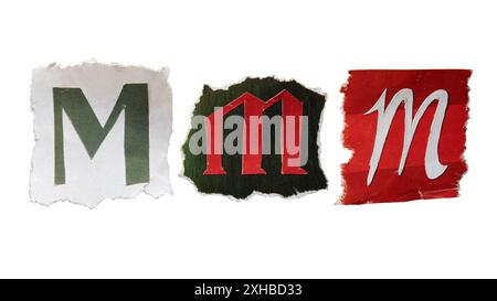 M alphabet torn from a magazine paper on white background with clipping path. Ransom note style letters. Stock Photo
